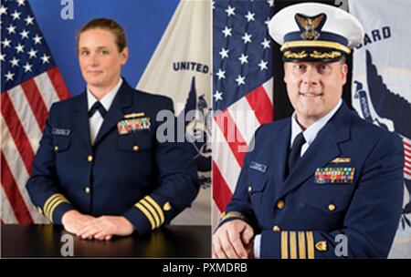 Il cap. Blake Welborn alleviato CDR. Gretchen Bailey come comandante della guardia costiera di sicurezza marina Houma unità e il CDR. Heather Mattern alleviato Capt. Blake Welborn come comandante della guardia costiera di sicurezza marina Morgan unità di città in una modifica ufficiale della cerimonia di comando, 15 giugno 2017. Foto Stock