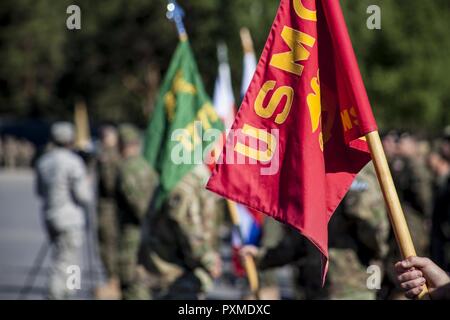 ADAZI, Latvia-Marines dalla U.S. Marine Corps Riserva di forze e Mar Nero La forza di rotazione 17.1 unire militare internazionale per la cerimonia di chiusura in corrispondenza di Adazi Base Militare, Lettonia, per esercitare Saber Strike 17, 15 giugno 2017. Saber Strike è un combinato annuale-esercizio congiunto condotti presso varie sedi in tutta la regione del Mar Baltico e della Polonia. La combinazione di corso di formazione prepara gli alleati della NATO e partner per rispondere in modo efficace alle crisi regionali e a soddisfare le loro esigenze di sicurezza mediante il rafforzamento delle loro frontiere e la lotta contro le minacce. Foto Stock