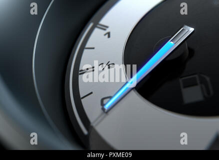 Un primo piano di un gas benzina gage mostra il blu brillante ago a vuoto su una sportiva das background - 3D render Foto Stock