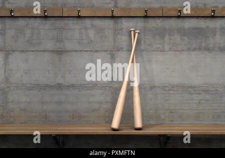 Due mazze da baseball su una panca in legno in un fatiscente armadietto dello sport cambiare camera - 3D render Foto Stock