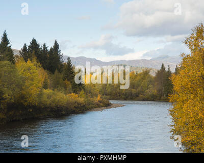 Hemsila fiume che scorre attraverso la valle di montagna Hemsedal Norvegia con golden colori autunnali sul fiume Foto Stock