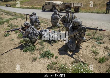 Stati Uniti I soldati dell esercito dal trasporto 822nd distacco (TD) fuori Brockton, Massachusetts, fornire 360 gradi di protezione per un improvvisato dispositivo esplosivo (IED) formazione sulla Fort Hunter Liggett, la California il 15 giugno 2017. IED formazione fa parte della 91a Divisione di formazione era il Guerriero Esercizio (WAREX) 91-17-03, un collettivo di piattaforma di formazione che prepara i soldati per combattere immergendoli in realistici scenari di combattimento; qui l'822nd TD può essere completamente preparati in caso di un vero e proprio attacco di IED. Foto Stock