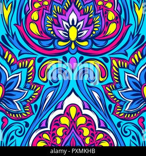 Etnico indiano seamless pattern. Folk etnico ornamento. Disegnata a mano fiore di loto e Paisley. Illustrazione Vettoriale