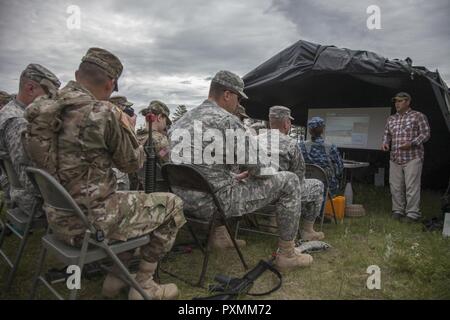 Il sig. Jason Lamont, un istruttore con la minaccia asimmetrica di formazione del team di supporto, insegnare U.S. Soldati con la 129Mobile degli affari pubblici distacco, South Dakota esercito Guardia Nazionale e DEGLI STATI UNITI I marinai con la Expeditionary struttura medica Dallas, Navy Reserve diversi tipi di ordigni esplosivi artigianali (IED) durante il contatore IED Lane come parte del Golden Coyote esercizio alla base Custer, S.D., 18 giugno 2017. Il Golden Coyote è un esercizio a tre-fase, scenario di esercizio di condotta condotta in Black Hills del Sud Dakota e Wyoming, quali comandanti permette di concentrarsi sulla missione essentia Foto Stock