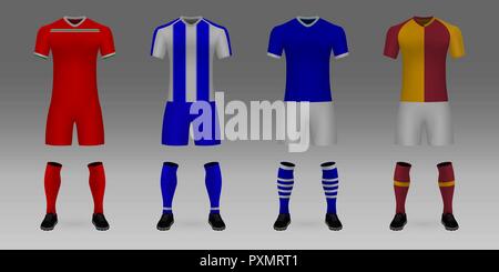Set di 3D modello realistico Soccer jersey Lokomotiv Mosca, Porto, Schalke, Galatasaray. t-shirt con pantaloni e calze su shop sullo sfondo. Mockup di foo Illustrazione Vettoriale