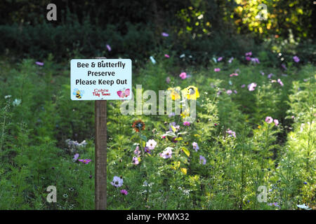 Bee e Butterfly preservare segno a pollice campo accanto al Castello di Cahir consigliando di persone a non camminare in mezzo ai fiori. Cahir, nella contea di Tipperary, Irlanda Foto Stock