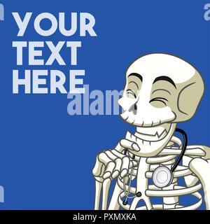 Per studiare medicina con motivazione e con il concetto di strategia con scheletro sorridente, personaggio dei fumetti mascotte, illustrazione vettoriale. Illustrazione Vettoriale