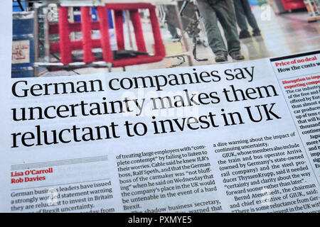 Quotidiano Guardian articolo 'aziende tedesche dire incertezza li rende riluttanti a investire in UK " Luglio 2018 Foto Stock