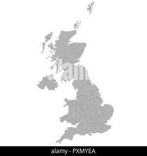 Alta qualità mappa del Regno Unito con i confini delle regioni su sfondo bianco Illustrazione Vettoriale