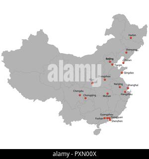 Mappa dettagliata della Cina con le città Illustrazione Vettoriale