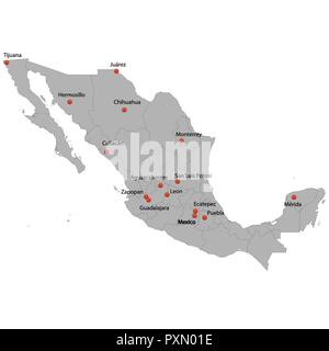 Mappa dettagliata del Messico con la città Illustrazione Vettoriale