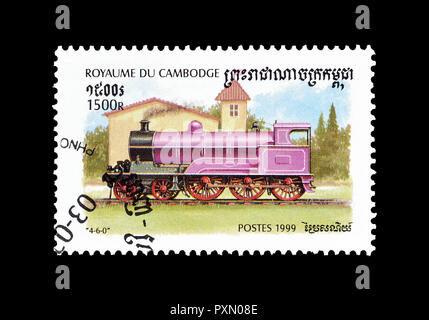Annullato francobollo stampato dalla Cambogia, che mostra primi locomotiva, circa 1998. Foto Stock