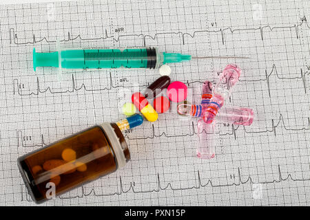 Close up foto di medicinali e una siringa su una forma di elettrocardiogramma Foto Stock