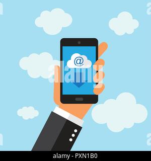 Un imprenditore in possesso di un telefono cellulare. Icona a forma di nuvola. Illustrazione in vettori. Illustrazione Vettoriale