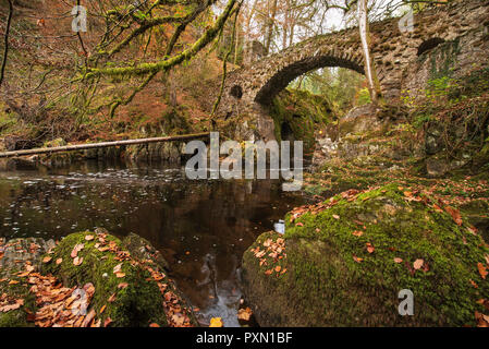 Il fiume Braan che scorre sotto il ponte in pietra a lui eremo vicino a Dunkeld, Perthshire Scozia. Foto Stock