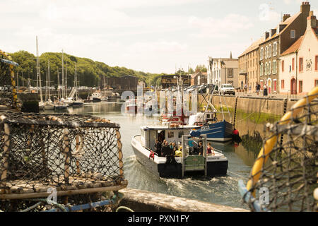 Una barca di piacere torna a Eyemouth Harbour, Berwickshire, Scozia Foto Stock