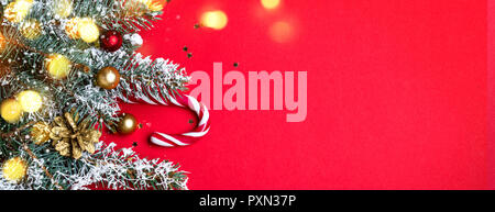 Il Natale di conifere confine con luci splendente. Lunga formato banner. Foto Stock