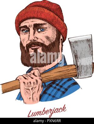 Il taglialegna o lumberjack con un'ascia. Tradizionale con barba. Hipster lavora nella foresta. Incisi disegnati a mano arte linea Vintage vecchio schizzo in bianco e nero, inchiostro. Illustrazione Vettoriale per etichetta. Illustrazione Vettoriale