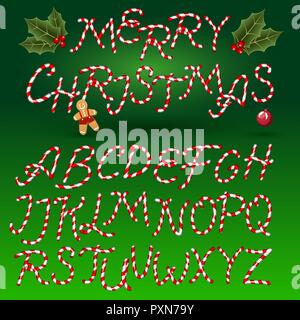 Candy Cane Font. Dolce alfabeto comico Set. Isolato. Lettering modello. Zucchero rosa kids. Fumetto illustrazione vettoriale per party poster o etichette. Auguri di Buon Natale. Illustrazione Vettoriale