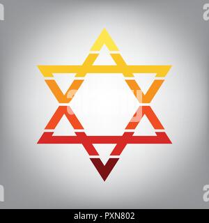 Scudo Magen David Star. Simbolo di Israele. Vettore. Orizzontalmente icona affettata con colori dal gradiente di sole in uno sfondo grigio. Illustrazione Vettoriale