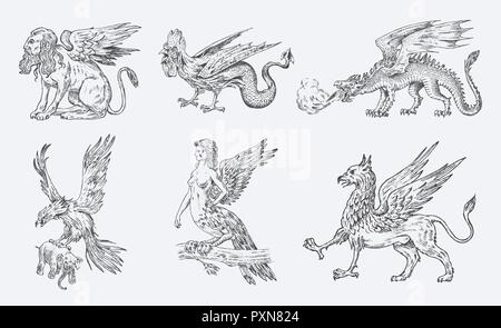 Set di animali mitologici. Drago Cinese Arpia Sphinx Griffin mitico Basilisco Roc donna Bird. Creature greca. Incisi disegnati a mano vecchi antichi vintage sketch. Illustrazione Vettoriale