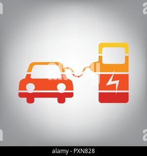 Auto elettrica di ricarica della batteria di segno. Vettore. Orizzontalmente icona affettata con colori dal gradiente di sole in uno sfondo grigio. Illustrazione Vettoriale