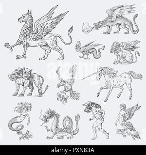 Set di animali mitologici. Mermaid Minotauro Unicorn dragone cinese Cerberus Arpia Sphinx Griffin mitico Basilisco Roc donna Bird. Creature greca. Incisi disegnati a mano vecchi antichi vintage sketch. Illustrazione Vettoriale