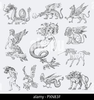 Set di animali mitologici. Mermaid Minotauro Unicorn dragone cinese Cerberus Arpia Sphinx Griffin mitico Basilisco Roc donna Bird. Creature greca. Incisi disegnati a mano vecchi antichi vintage sketch. Illustrazione Vettoriale