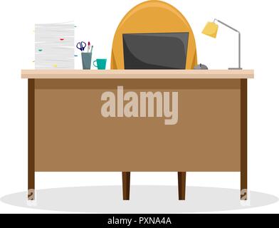 Scrivania con lampada, un mucchio di carte e di un laptop. Illustrazione Vettoriale. Illustrazione Vettoriale