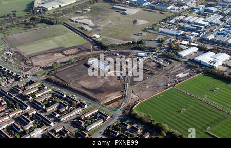Vista aerea del nuovo sviluppo su Moss Lane a Knowsley Industrial Park, Kirkby, Liverpool Foto Stock