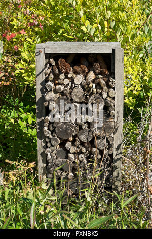 Home made bug insetto hotel per wildlifinsects a hibernate fatto da tronchi di legno per oltre l'inverno in un giardino di fauna selvatica Inghilterra Regno Unito Gran Bretagna Foto Stock