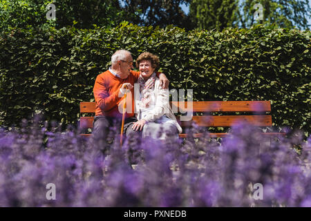Coppia senior seduta sul banco in un parco, Falling in Love Foto Stock