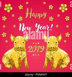 Felice anno nuovo 2019, anno nuovo cinese, design gritting card con pig Illustrazione Vettoriale