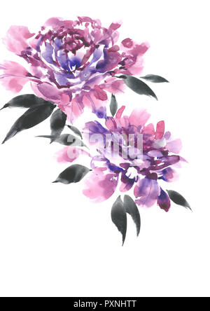 Bouquet decorativo con rosa in fiore le peonie. Sfondo ad acquerello Foto Stock