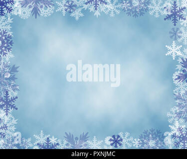 Una luce blu con sfondo bianco e blu di fiocchi di neve intorno al bordo. Fa un grande inverno vacanze o sfondo. Foto Stock