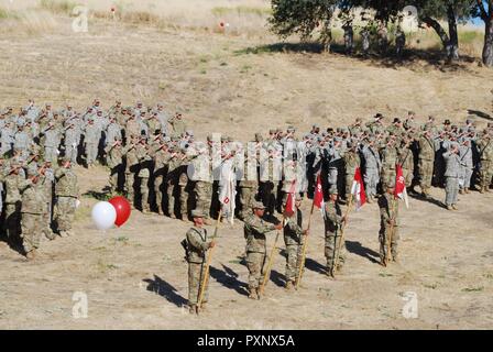 Cal soldati di guardia dal 1-18° reggimento di cavalleria salutate come del Regno Unito Onorevole Compagnia di Artiglieria Regimental Band suona la "stella Lamas Banner" al camp Roberts soldato ciotola il 14 giugno. Foto Stock