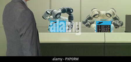 Hotel elegante in industria di ospitalità 4.0 concetto, la receptionist robot (robot assistente ) nella hall di hotel o di aeroporti sempre benvenuti il cliente Foto Stock