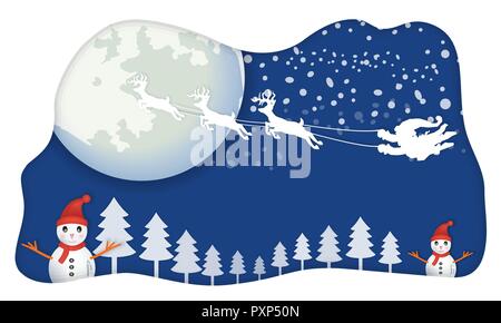 Santa,senza slitta, battenti sul cielo blu si muovono da renne con grande fullmoon e stella sullo sfondo oltre il pupazzo di neve e la fila di pini su terra, carta Illustrazione Vettoriale