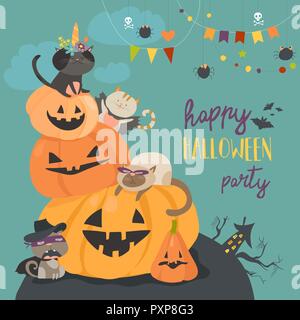 Happy halloween con la zucca e carino gatti in costumi di carnevale Illustrazione Vettoriale