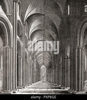 Interno della vecchia cattedrale di san Paolo che mostra la navata centrale, 'Paolo a piedi". In Elizabethan e early Stuart Londra persone avrebbero a camminare su e giù per la navata in cerca delle ultime novità e i pettegolezzi più recenti. Da Londra Foto, pubblicato 1890. Foto Stock