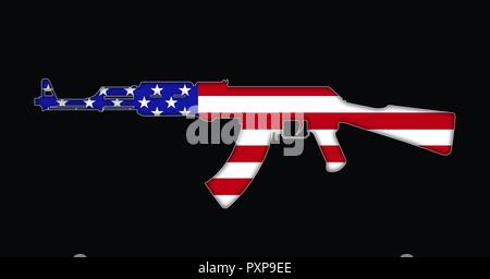 Fucile con bandiera americana dipinta su, isolato su sfondo nero 3d illustrazione Foto Stock