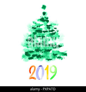 Felice Anno Nuovo 2019 - acquerello verde albero di Natale Foto Stock
