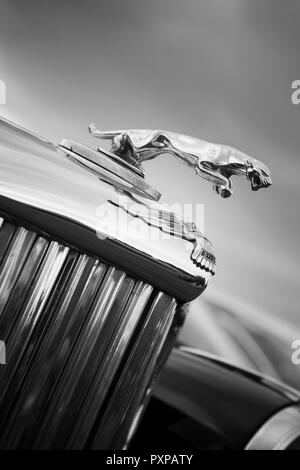 Un'immagine monocromatica di una classica auto d'epoca, emblema di cofano insieme contro un moody sky. Foto Stock