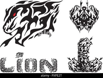 Aggressiva di testa leone simboli e testo di Lion. Tribal ringhiando testa leone, lettera L, il leone di testo e la farfalla formata dal leone di testa Illustrazione Vettoriale