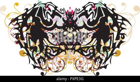 Aggressiva di testa leone simboli e testo di Lion. Tribal ringhiando testa leone, lettera L, il leone di testo e la farfalla formata dal leone di testa Illustrazione Vettoriale