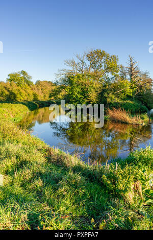 Vista panoramica lungo Stour Valley con alberi autunnali riflesse nel fiume Stour durante una giornata di sole nel mese di ottobre 2018, Dorset, England, Regno Unito Foto Stock