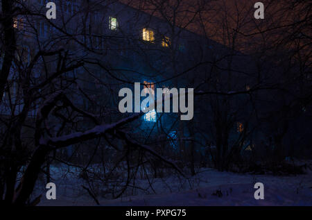 Più alleggerita di windows in una casa di abitazione circondata da scure a rami di alberi coperti di neve su una oscura notte invernale Foto Stock