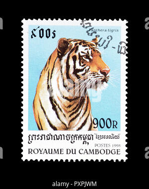 Annullato francobollo stampato dalla Cambogia, che mostra Tiger, circa 1998. Foto Stock