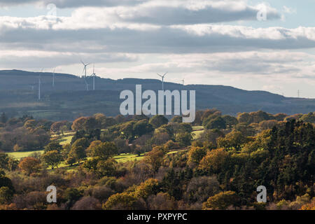 Maesgwyn wind farm in distanza al di là del bosco autunnale, Brecon Beacons, Ottobre 2018 Foto Stock