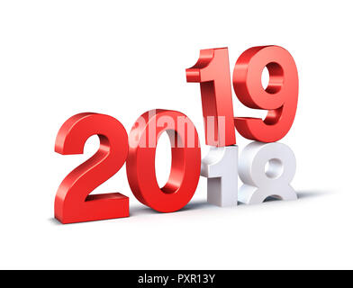 Red Anno Nuovo numero data 2019 sopra 2018, isolato su bianco - 3D illustrazione Foto Stock